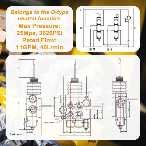 Technical diagram of Heavy Duty Hydraulic Control Valve With Joystick Dual Spool 11GPM Directional Valve For Log Splitters Tractors And Loaders