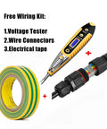 Free wiring kit featuring voltage tester, wire connectors, and yellow-green electrical tape for versatile use.