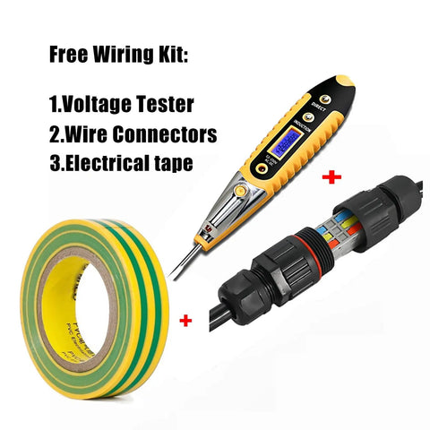 Free wiring kit featuring voltage tester, wire connectors, and yellow-green electrical tape for versatile use.