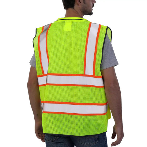 High Visibility Work Safety Vest ANSI Class 2 Yellow Mesh With Pockets And Zipper Padded Neck for outdoor labor back view