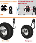 Comparison of Ultra Heavy Duty 11 Inch Garage Hooks showing claw embedding in base, with a tire for stability demonstration.