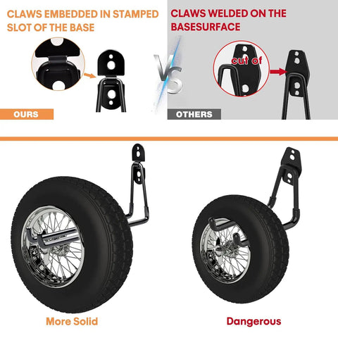 Comparison of Ultra Heavy Duty 11 Inch Garage Hooks showing claw embedding in base, with a tire for stability demonstration.