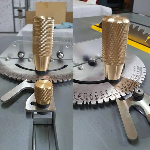 Rock Solid Upgraded Miter Gauge With 27 Tight Angle Stops And Smooth Adjustable Aluminum Head for Table Saw Crosscuts, showing detailed knobs.
