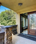 Outdoor view with Three-Light Beveled-Glass Close-To-Ceiling Indoor Fixture In Polished Brass, Clear Geometric Glass Panels, Model P5788-10
