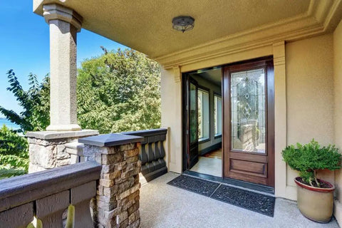 Outdoor view with Three-Light Beveled-Glass Close-To-Ceiling Indoor Fixture In Polished Brass, Clear Geometric Glass Panels, Model P5788-10