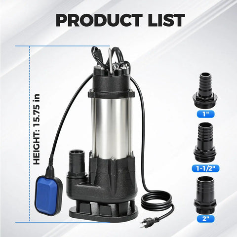 Real Deal Heavy Duty Submersible Sewage Pump With Rock Solid Stainless Steel Build Moving 2900 GPH with cord and connectors.