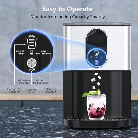 Party Ready Nugget Ice Maker For Countertop With 44 Lbs Per Day showing control panel and ice dispensing into a glass