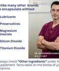 A list of ingredients not included in some brands, alongside a healthcare professional in maroon scrubs.