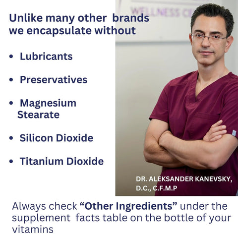 A list of ingredients not included in some brands, alongside a healthcare professional in maroon scrubs.
