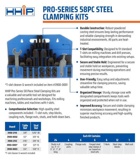 HHIP 58-piece steel clamping kit in blue storage case with precision 1-2-3 blocks and 5/8 T-slot hardware
