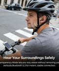 Cyclist wearing Hybrid Active Noise Cancelling Wireless Earbuds With Six Microphones For Crystal Clear Calls 68 Hours Total Playtime