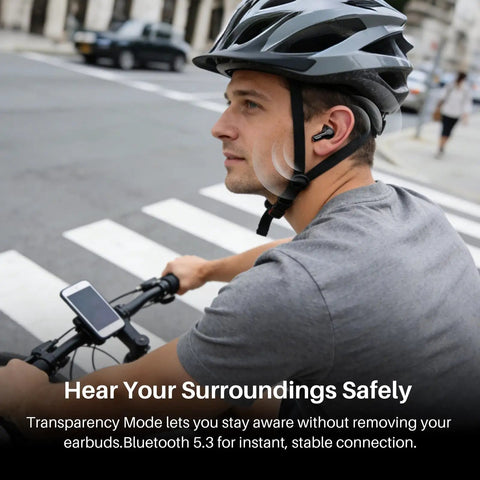 Cyclist wearing Hybrid Active Noise Cancelling Wireless Earbuds With Six Microphones For Crystal Clear Calls 68 Hours Total Playtime