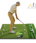 Golfer practicing on Dual Turf Golf Mat 5x4ft with 10mm and 15mm high elasticity base, showing hitting surface and alignment aids.