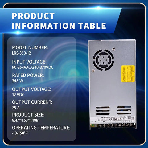 Beefy 350W Enclosed Switching Power Supply With 12V Output And 29A Max Current Ultra Low Profile 1U Design Built In Safety Protections A Real Workhorse For Tight Spaces And Industrial Control Panels, silver metal PSU