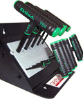 Power-T Handle Torx Star Key Set With Stand, 11-Pc T6 Through T50, 6 Inch Shafts, Pro Grade American Made Tools displayed on stand