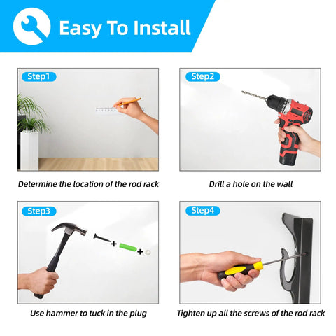 Installation guide for Beefy Heavy Duty Metal Fishing Rod Holder For Garage Wall Mount Rack with steps and tools shown