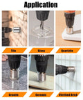 Diamond drill bits set for tile, glass, quartzite, granite, ceramic, and vitrified brick; six-material application collage