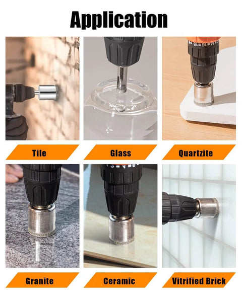 Diamond drill bits set for tile, glass, quartzite, granite, ceramic, and vitrified brick; six-material application collage