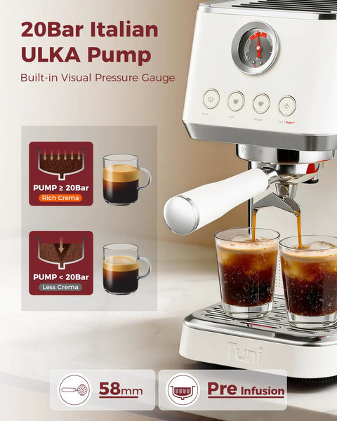 Professional Ivory Espresso Machine With 58mm Commercial Brew Group And Standalone 64mm Flat Burr Grinder For Pulling Clean Shots And Steaming Milk Like A Champ, featuring dual espresso shots in clear glasses.