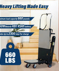 Top Notch Electric Stair Climber Hand Truck With 300kg Capacity And Powerful 850W Motor on stairs, showcasing heavy lifting capabilities.