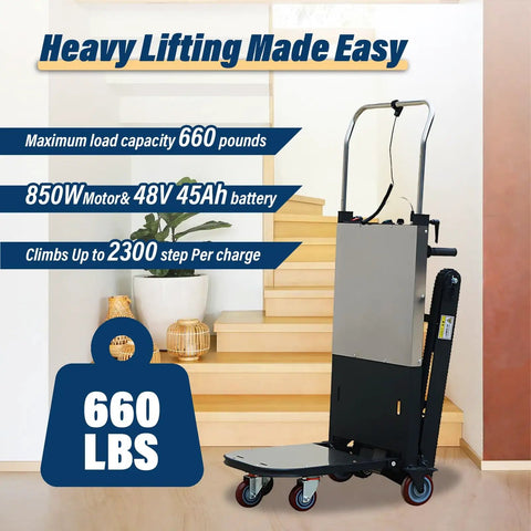 Heavy Duty Electric Dolly For Stairs With 660 Lbs Capacity And Powerful 850W Motor on stairs with 48V battery pack.
