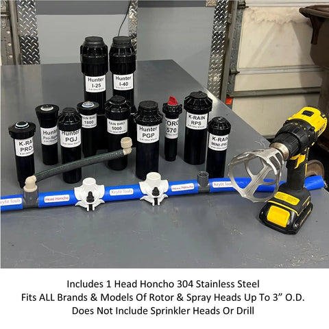 Professional Grade Sprinkler Head Installation Tool crafted from 304 solid stainless steel alongside various sprinkler head types.