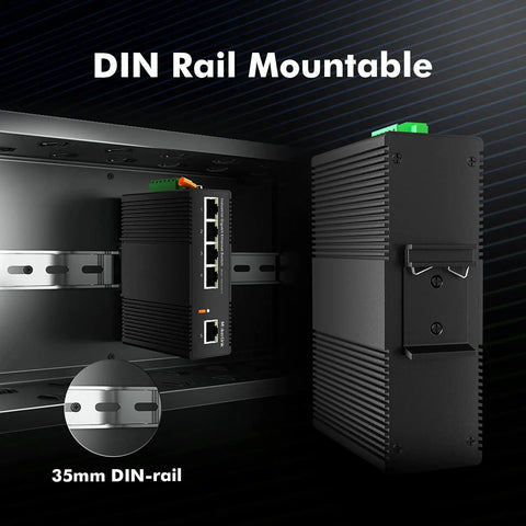 Hardcore Five Port Gigabit Ethernet Switch Built Like A Tank For Gritty Workshop Jobs featuring DIN rail mounting in a rack.