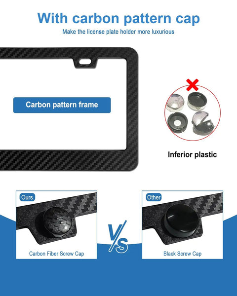 License Plate Frames Front And Rear 2 Hole Carbon Fiber Style 2 Pack vs inferior plastic with screw caps