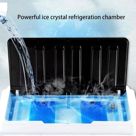 Portable Air Conditioner With Massive Water Tank And Free Ice Packs To Keep Your Space Chill As Ice All Day Long Includes Wireless Remote And Smooth Roll Casters For Bedroom Or Office, showing ice crystal refrigeration chamber with water.