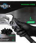 FINITEX heavy duty black nitrile disposable gloves, 8mil, latex-free, powder-free, size L, 100-count; two boxes shown.