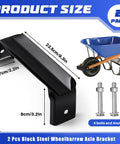 2 Pack Black Steel Wheelbarrow Axle Bracket Replacement Kit With Bolts And Nuts Included, showing bracket dimensions and hardware