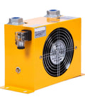 Aluminum Plate Heat Exchanger Radiator with Fan for Industrial Cooling, hydraulic air oil cooler, robust yellow unit, front view.