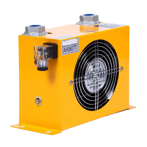 Aluminum Plate Heat Exchanger Radiator with Fan for Industrial Cooling, hydraulic air oil cooler, robust yellow unit, front view.