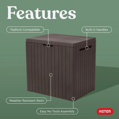 30 Gallon Resin Outdoor Storage Box And Patio Furniture Side Table For Pool And Garden Accessories in brown with features highlighted.