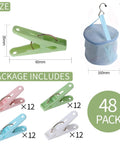 No Mess Plastic Clothes Pins 48 Pack Heavy Duty Workhorse Colored Laundry Clips including mesh bag, showing sizes and colors