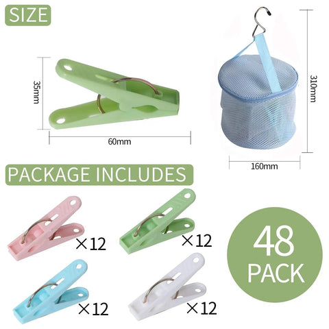 No Mess Plastic Clothes Pins 48 Pack Heavy Duty Workhorse Colored Laundry Clips including mesh bag, showing sizes and colors