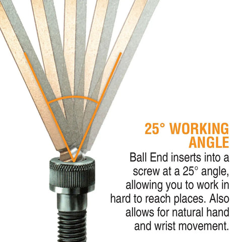 Set Of 15 Balldriver L Wrenches With BriteGuard Plating showing 25-degree working angle, compact yet tough pro grade ball end hex keys