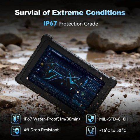 Built Like A Tank 10.1 Inch Rugged Tablet PC With Windows 11 Pro And Intel Core I5 16Gb Ram 128Gb Storage Ip67 Waterproof Screen Reads Clear In Direct Sunlight on ground in muddy terrain.