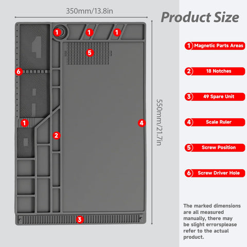Extra Large Silicone Soldering Mat 21.6 By 13.8 Inches, Heat Resistant Up To 932 Degrees Fahrenheit, with diagram labels