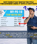 Person pondering beside chart explaining 7.5 HP motor compatibility with phase converter product specifications.