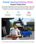 A329S 4K Dash Cam Front And Rear For Cars in parking mode with focus on installed camera and blue car outside window.