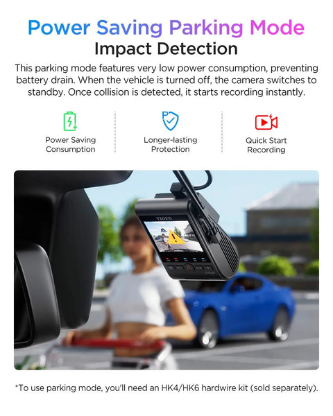 A329S 4K Dash Cam Front And Rear For Cars in parking mode with focus on installed camera and blue car outside window.