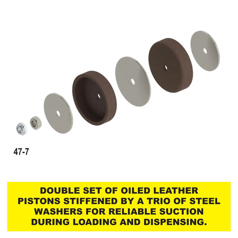 Exploded view of oiled leather pistons with steel washers and nut for reliable suction in Professional Line Special Deluxe Manual Bulk Caulking Gun