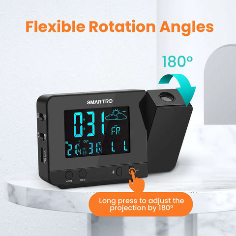 Digital Projection Alarm Clock With Weather Station And Indoor Outdoor Thermometer For Bedrooms USB Charger AC Or Battery Powered Bedroom Friendly All In One Time And Temperature Projection