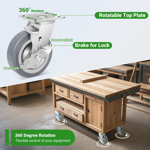 6 Inch Heavy Duty Caster Wheels Industrial Grade Thermoplastic Rubber With Brake 4500 Lbs Capacity Ball Bearing Plate Swivel Castors Set Of 4 For Equipment And Industrial Carts Medical Applications on a wooden workbench.