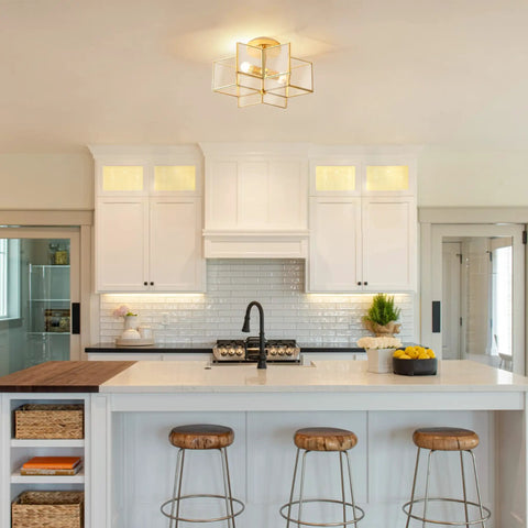Two Light Star Ceiling Light With Glass Shade In Modern Brass Finish Close To Ceiling Flush Mount Fixture illuminating kitchen