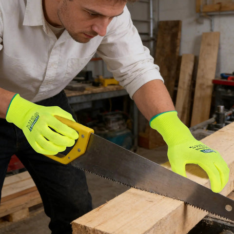 Man using Heavy Duty Micro Foam Nitrile Work Gloves With Hella Breathable 15 Gauge Nylon Shell and Killer Tiger Stripe Grip for sawing wood.