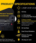 Specifications of Beefy 2000 Watt Maximum Voltage Converter Transformer For 110V To 220V Devices with CE certification displayed.