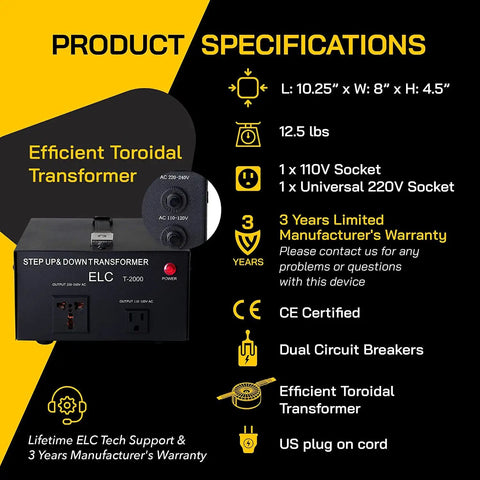 Specifications of Beefy 2000 Watt Maximum Voltage Converter Transformer For 110V To 220V Devices with CE certification displayed.
