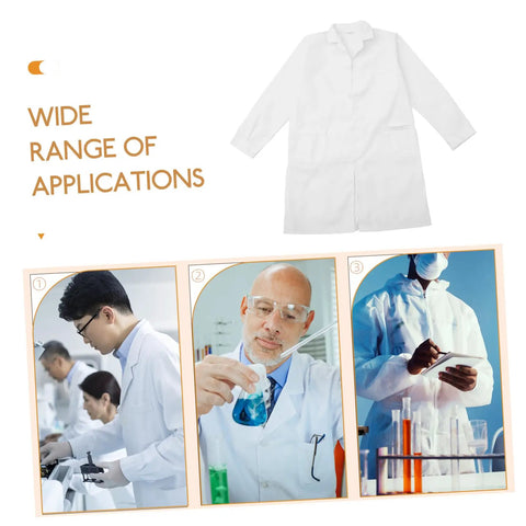 White Mens Lab Coat Doctor Costume, Long Sleeve Medical Uniform For Doctors, Medical Students, And Pharmacists displayed in various settings